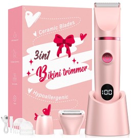 Bikini Trimmer for Women, 3-in-1 Electric Razors for Women, IPX7 Waterproof Rechargeable Cordless Pubic Hair Shaver, with LED Display, for Ladies Bikini Pubic, Face, Underarms, Legs(Pink)