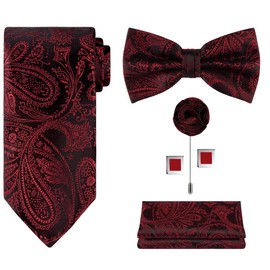 TIE G 5pcs Tie Set in Gift Box : Woven Paisley Necktie, Satin Bow Tie, Pocket Square, Lapel, Cuff Links (Red Black Paisley)