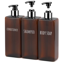 Segbeauty Soap Dispenser, Set of 3, 500 ml Soap Dispenser Set with Labels for Shampoo, Conditioner, Body Soap, Shampoo Bottles for Filling for Kitchen and Bathroom, Amber