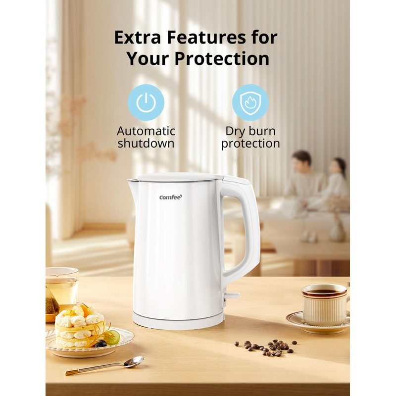 COMFEE' Electric Kettle and Tea Kettle, 1.5L Double Wall, Stainless