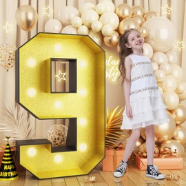 4FT Marquee 9 Numbers, Light Up 9 Glitter Gold Giant Marquee Mosaic Numbers Frame Light Up Numbers for 9th 90 93 96 98 Birthday Party Decorations Mosaic Number 9,DIY Frame Pre-Cut Foam Board Kit