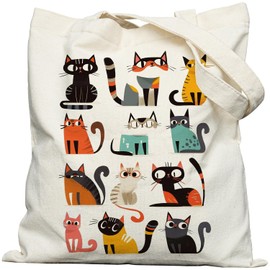 METALPHA Funny Cat Tote Bag for Women Girls - Resuable Double-Sided Printed Cartoon Cats Canvas Tote Bag with Snap Closure and Pocket