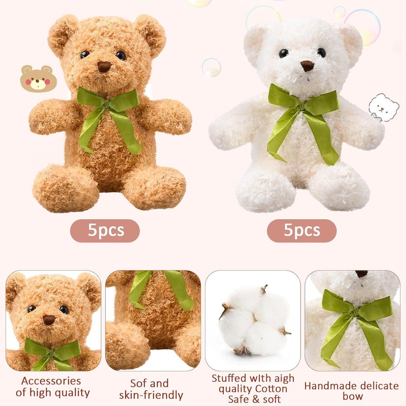 MSYU 10 Pcs Small Teddy Bears with Detachable Bows, 10