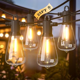Kawaya Outdoor Patio String Lights: 25 FT LED Outside Patio Lights with 12 Shatterproof Vintage Bulbs, 2700K Dimmable IP65 Waterproof Edison Outdoor Lights for Porch Deck Bistro Cafe Party