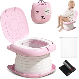 Orinal de Viaje Portátil para Niños,Asiento Entrenador Baño para Niños, portátiles y plegables con bolsa de basura y bolsa de almacenamiento para automóviles,Camping, Interior y Exterior con Rollos Bolsa de Almacenamiento(Rosa)