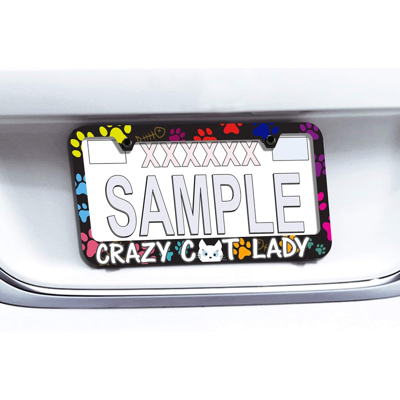 Crazy CAT Lady with PAW Prints License Plate Frame UV