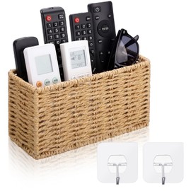 Junkin Woven Paper Rope Remote Control Holder Organizer Handmade Wall Hanging Remote Storage Basket with Hooks Boho Farmhouse Wall Organizer for Living Room Bedroom Office Dorm Decor
