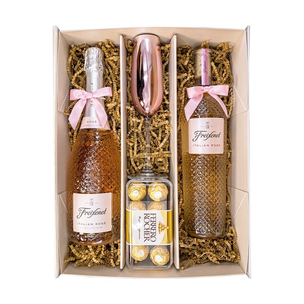 Freixenet Rosé 75cl Gift Set (75cl x 2) with One Metallic Pink Champagne Flute, Ferrero Rocher Chocolates and Gift Box - Rosé Italian Wine Gift Hamper for Him and Her (Rosé Duo Pink Top)