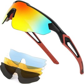 FEISEDY Sports Sunglasses, with 5 Lenses for Men Women, TR90 Lightweight, Baseball Cycling Motorcycle Running Golf B2940 - Color: Black Frame & Red Mirror Lens, Lens Width: 80 Millimeters