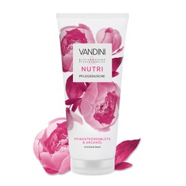 VANDINI NUTRI Pflegedusche Damen 200 ml mit Pfingstrosenblüte & Arganöl - Duschgel für trockene Haut - vegan, ohne Parabene & Silikone, dermatologisch bestätigt, Made in Germany