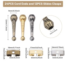 CHGCRAFT 36Pcs 3 Colors Bolo Tie Tips Replacement End Caps Bolo Tie Findings Kit Bolo Tie Slides Clasps and Alloy Cord Ends Bolo Tie Buckle Accessories for Bolo Tie Making