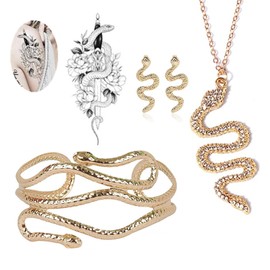 XHBTS Snake Tattoo Sticker and Chic Egypt Cleopatra Swirl Snake Arm Cuff Armlet Armband Open Bangle Bracelet Gold Rhinestone Snake Pendant Necklace and Earrings Y-shaped Necklace
