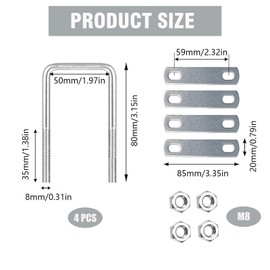Pack of 4 U-bolts M8 50 x 80 mm, 304 stainless steel U-bolts with thread, U-bolt including nut and counter plate, U bolts for car, ship and industrial applications