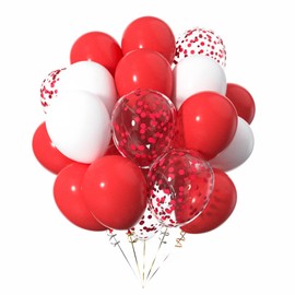 ZYOOO Balloons Red White 12 Inches / 30.5 cm White and Red Balloons with Confetti - Pack of 50