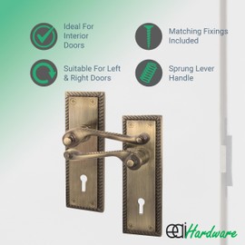 EAI Antique Brass Georgian Scroll Door Handle Key Lock Set - 1 Pair Internal Lever Lock Handles, Lock 64mm & Keys - Rope Design