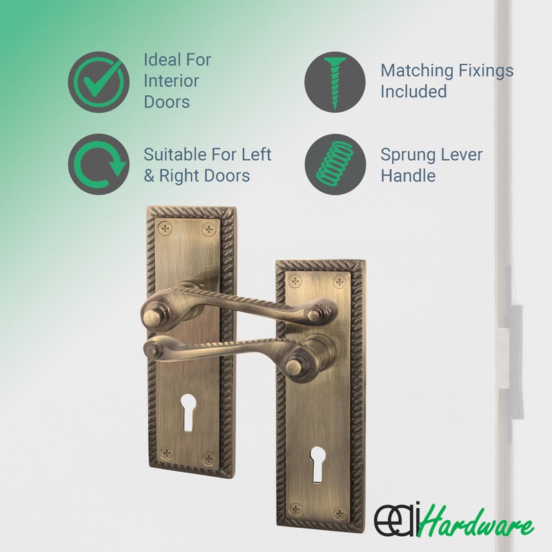 EAI Antique Brass Georgian Scroll Door Handle Key Lock Set