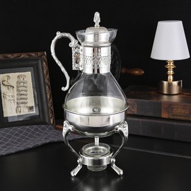 Generic Glass Coffee Pot Set, 1 Set Vintage Turkish Coffee Pot Glass Tea Kettle Turkish Teapot Milk and Coffee Warmer, Heatable Water Pitcher with Lid and Cup Vintage Hot Cold Tea, Silver