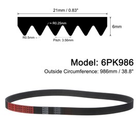 sourcing map 6K388/6PK986 Serpentine Belt 6 Ribs 986mm Length x 21mm Width x 5mm Height, EPDM Poly V Belt, Multi Wedge Micro V Belt for Vehicle