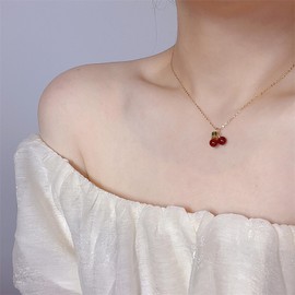 Cimenexe Bohemian Cherry Choker Necklace Red Ruby Cherry Pendant Necklace Gold Cherry Chain Collar Necklace Red Acrylic Cherry Necklace Jewelry for Women