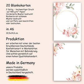 20 x Blank Cards with Pattern Postcards Set Self-Printing DIY Invitation Cards Roses Pink Watercolour Postcard 2-Sided Invitation Game Birthday Elegant Congratulations Greeting Cards A6