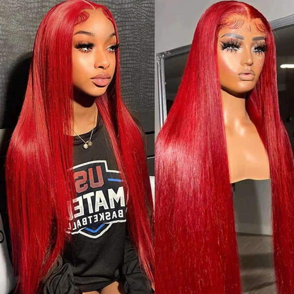 Maycaur Red Wigs for Women Black Straight Synthetic Lace Front Wigs Pre Plucked Hairline Glueless Long Wigs Free Part 24 Inch