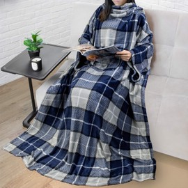 PAVILIA Premium Fleece Blanket with Sleeves for Adult, Women, Men | Warm, Cozy, Extra Soft, Microplush, Functional, Lightweight Wearable Throw (Plaid Navy)