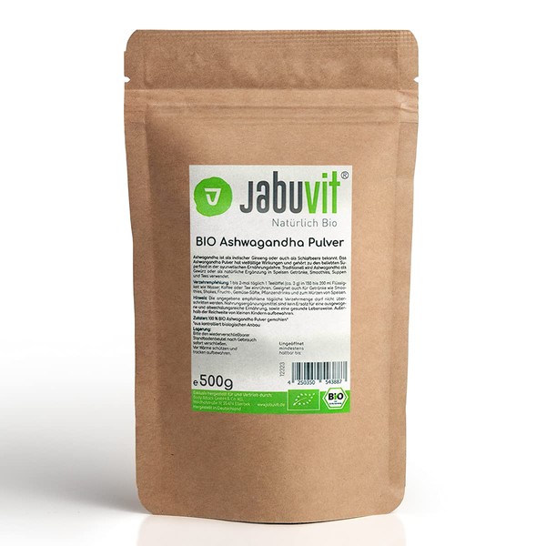 JabuVit - Organic Ashwagandha Powder, High-Quality & Organic Certified Ashwagandha, Environmentally Friendly Kraft Paper Packaging, No Pesticide Load, Made in Germany, 500 g Powder