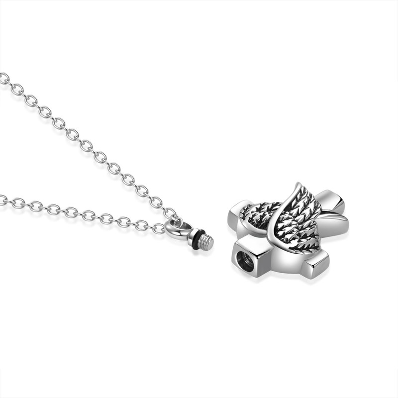 FGT Cross Angel Wing Urn Necklace for Women Cremation Memorial