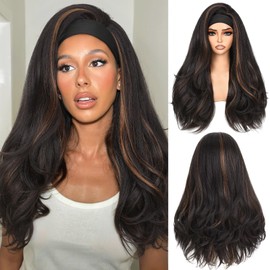Yaki Curly Headband Wig For Black Women 26 Inch Brown Highlight