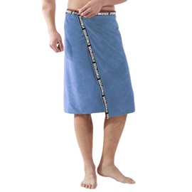 Men’s Bath Wrap Towel Soft Cozy Water Absorbent Shower Bathing Towel Cover Up Bathrobe Adjustable Snap on Closure for Home Gym Spa Beach Pool Sauna (Blue)