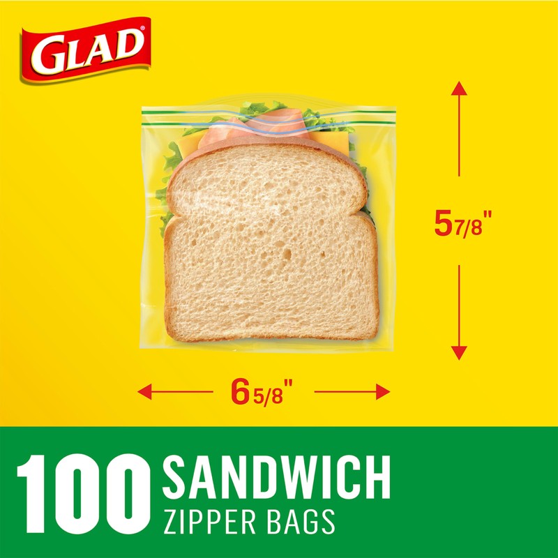 Glad Zipper Food Storage Sandwich Bags, 100 Count (Packaging May