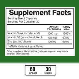 American Standard Supplements Zinc 100mg, Vitamin C 1000mg, and Vitamin D3 5000 IU (125mcg) Per Serving - Gluten Free, Non-GMO, 60 Capsules, 30 Servings