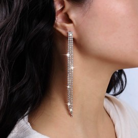 Atentuyi Rhinestone Earrings Gold Long Chain Chandelier Earrings CZ Drop Bridal Earring Crystal Wedding Earrings Diamond Dangle Earrings Jewellery for Women and Girls, Zinc