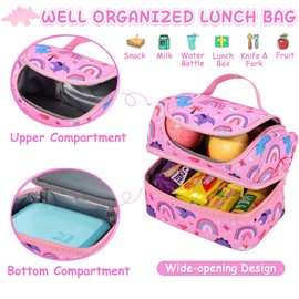 Kasgo Lunch Bag for Kids, Cute Insulated Lunch Box Bag for Boys and Girls Dual Compartments Cooler Bag with Detachable Adjustable Shoulder Strap, Pink Dinosaurs