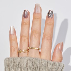 FYB Press On Nails, Short Almond Nails, Fake Nails Kit, With Glue (06-Natural cat's eye, 30 Pcs)