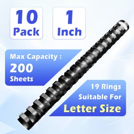 TOTiyea 19 Ring Plastic Binding Combs,1 Inch Diameter,200 Sheet Capacity, Letter Size, Black Comb Binding Spines (10 Pack)