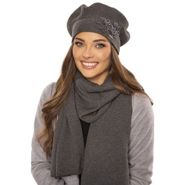 Vivisence Women's Stylish and Elegant Ladies Beret with Classic Design and Floral Decoration for Ladies Made from Acrylic Perfect for Winter and Outdoor Use, Dark Grey,UNI