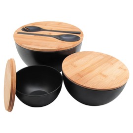 ECOWAY Salad Bowls Set of 3 with Lid & Serving Utensils, Bamboo Fiber Mixing Bowls Set Large Serving Bowls & Storage Set with Bamboo Lid for Salad, Kitchen Eating, Pasta, Popcorn, Chips, Fruit, Black