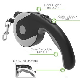 YUCHIYA Retractable Dog Leash with Built-in LED Flashlight|12 ft Tangle-Free Nylon Leash|Sliding One-Button for Single-Handed Control|Anti-Slip Handle with Lanyard for S to M Dogs 50 lbs Less(Black)