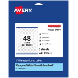 Avery Waterproof Round Labels with Sure Feed, Print to the Edge, 1" Diameter, 240 White Labels (36579)