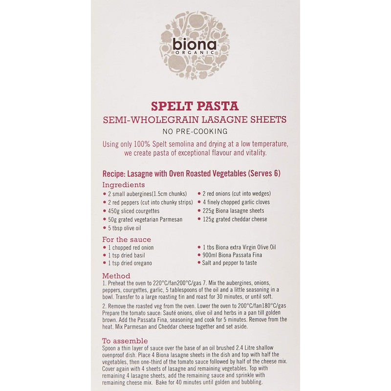 BIONA Organic Spelt Lasagne, 250 GR
