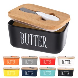 Lxmons Ceramic Butter Dish with Wooden Lid, Large Butter Container Keeper Storage with Stainless Steel Butter Knife Spreader, Bamboo Cover and Silicone Sealing Ring for West East Coast Butter, Black