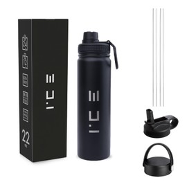 ICE Sports Water Bottle - Includes 3 Lids (1 Straw Lid) & 2 Straws - Leak-proof Stainless Steel Gym & Sport Bottles for Men, Women & Kids - Double Walled, Insulated Thermos (Black, 22 oz)