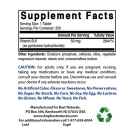Best Naturals 2 Pack Best Naturals Vitamin B-6 50 mg 250 Tablets