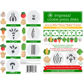 Impress Cookie Press Disks – Veggies Set of 9, Food Safe Plastic Shapes w/Corn, Broccoli, Radish & More, Fits Many Manual Models - See Disk Sizing Image to ensure fit with your press