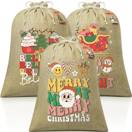 3PCS Large Burlap Christmas Drawstring Gift Bags with Tags, 20x28in Linen Christmas Gift Bags, Big Holiday Gift Bags Reusable Gift Wrapping Bags Jute Santa Sack for Xmas Present Party Favors