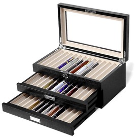 Besforu wood pen display case 36 slot Fountain pen Box storage Organizer with drawer, Top Glass Window Pen Collection Display Case
