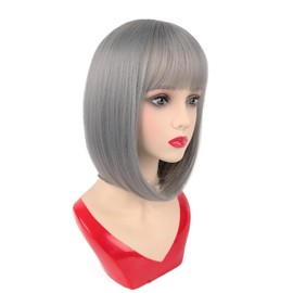 NOTICEME Grey Wig with Bangs, Short Straight Costume Gray Salt and Pepper Wig for Women Cosplay, Synthetic Hair, 14in