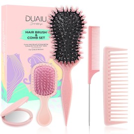 DUAIU - Juego de 5 cepillos para el cabello, cepillo definidor de rizos para desenredar, cepillo plano de cerdas de jabal y peine de dientes anchos y 