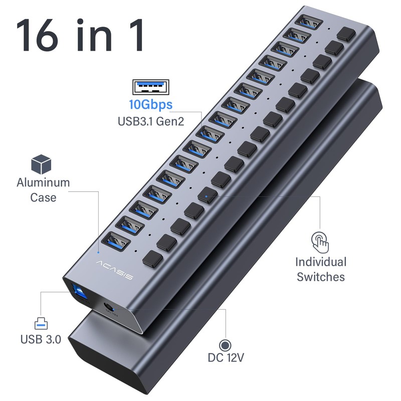 ACASIS Hub USB alimentado, 16 puertos USB 3.0 Data Hub,
